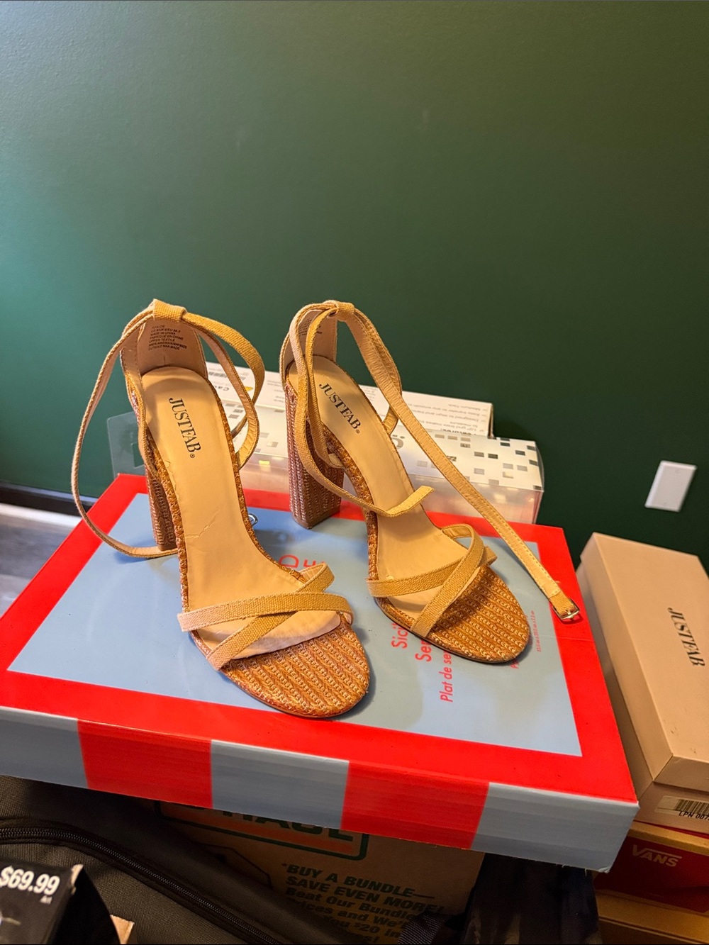 JustFab Yellow Strappy Block Heel Sandals with Ankle Wrap